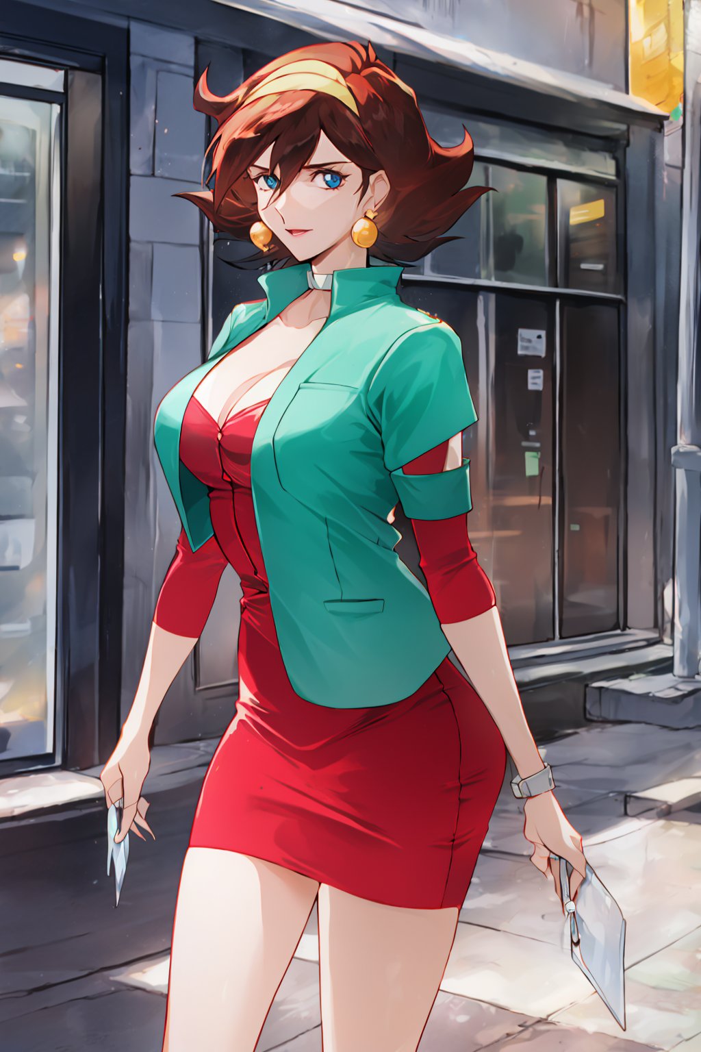 Green open jacket , cropped jacket, red sheath skirt, milf, mature female, 20years old,Sexy Pose, short hair, beautiful face, on street ,1 girl, brown hair, blue eyes, earring, yellow hair band, looking_at_viewer,RainMikamura