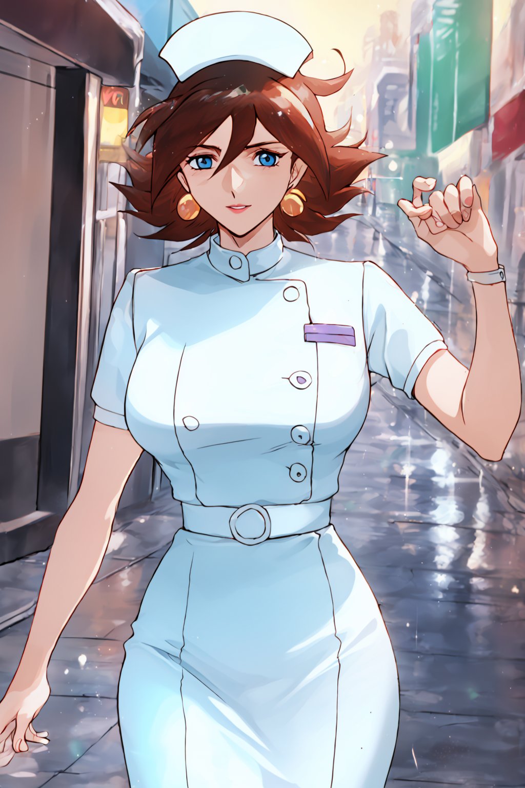 Nurse uniform, milf, mature female, 20years old,Sexy Pose, short hair, beautiful face, on street ,1 girl, brown hair, blue eyes, earring, looking_at_viewer,RainMikamura