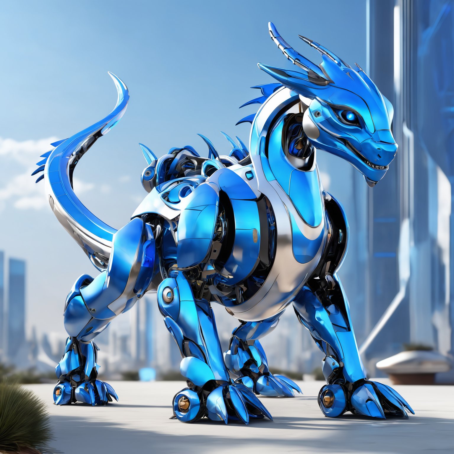 An amicable-looking robotic dragon,  designed with futuristic,  blue,  sleek metallic detailing,  referencing futuristic concept art by China company., 3d style,<lora:EMS-15441-EMS:0.800000>