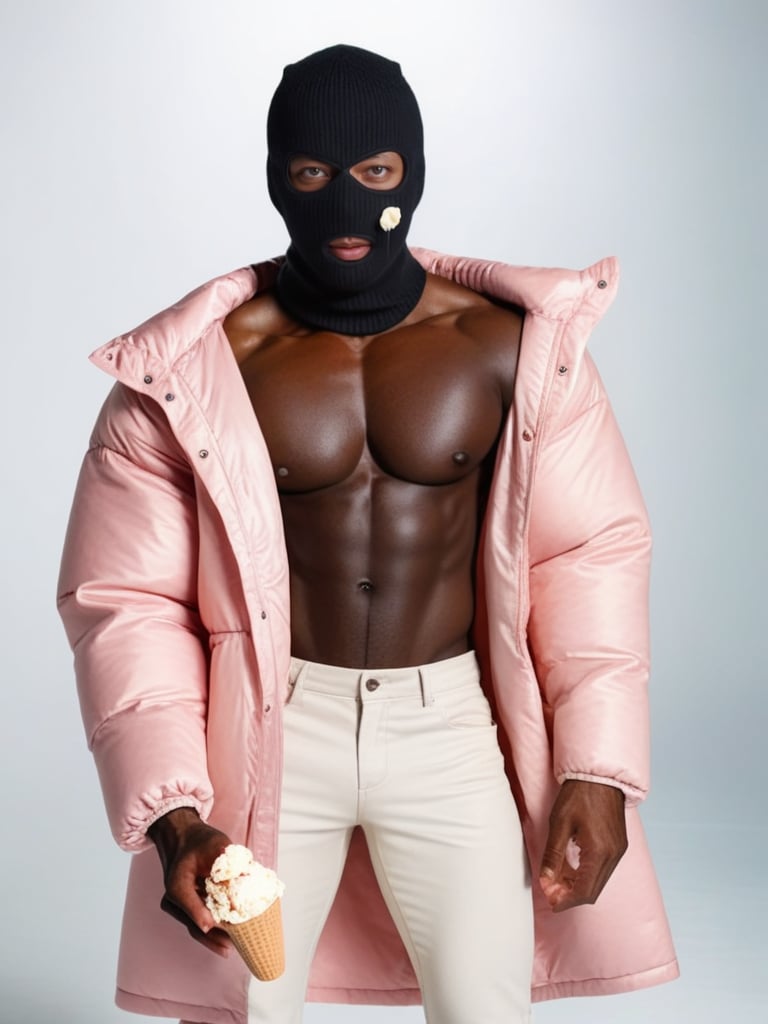 wideshot of a huge muscular black skin,man with Black skimask,grey eyes,holding tiny icecream,,topless,oversized jacket,BREAK, realistic, photography, Leica sl2 , depth of filed, simple white background, studio, high detailed, High quality