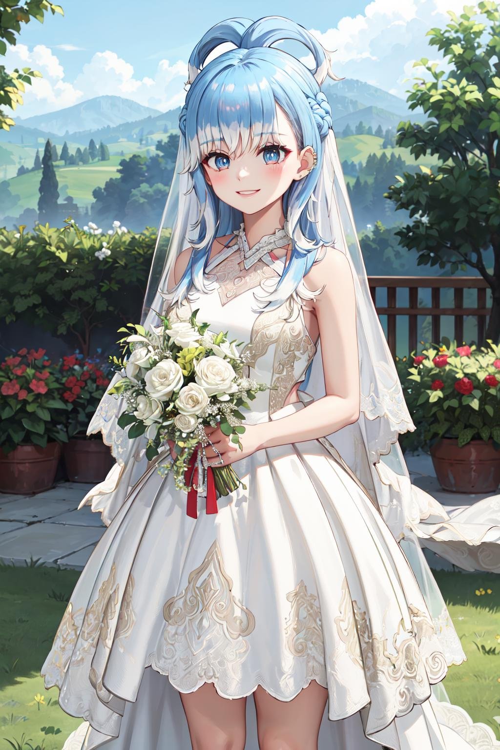 masterpiece,best quality,highres,ultra-detailed,aakobo,two-tone hair,liquid hair,long hair,bangs,earrings,piercing,<lora:kobo_kanaeru:0.9>,(wedding dress:1.2),white dress,(veil:1.2),garden,smile,outdoors,standing,cowboy shot,holding bouquet,