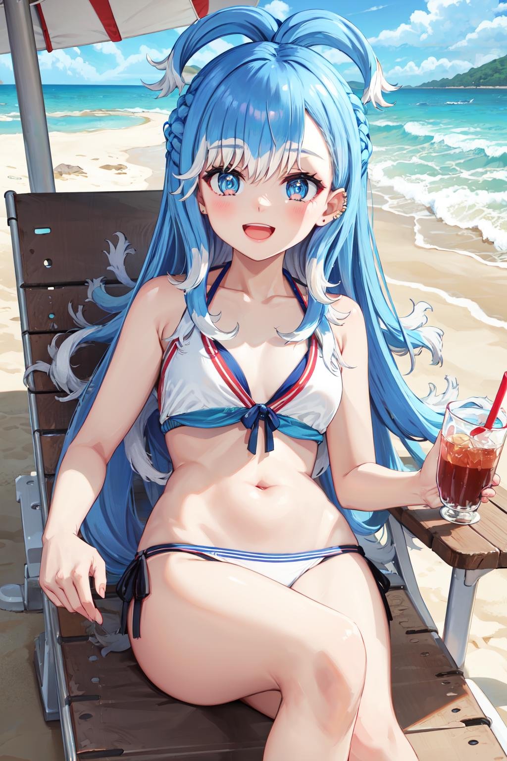 masterpiece,best quality,highres,ultra-detailed,aakobo,two-tone hair,liquid hair,long hair,bangs,earrings,piercing,<lora:kobo_kanaeru:0.9>,beach,beach umbrella,beach chair,on back,:d,sideways_glance,cup,holding cup,bikini,