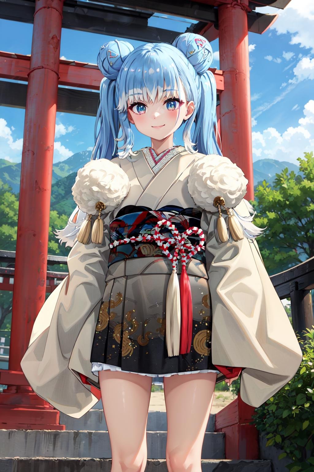 masterpiece,best quality,highres,ultra-detailed,bbkobo,multicolored hair,long hair,double bun,twintails,bangs,hair ornament,kimono,japanese clothes,sash,obi,long sleeves,wide sleeves,sleeves past wrists,pom pom \(clothes\),socks,fur trim,shoes,white footwear,<lora:kobo_kanaeru:0.9>,outdoors,torii,standing,smile,cowboy shot,