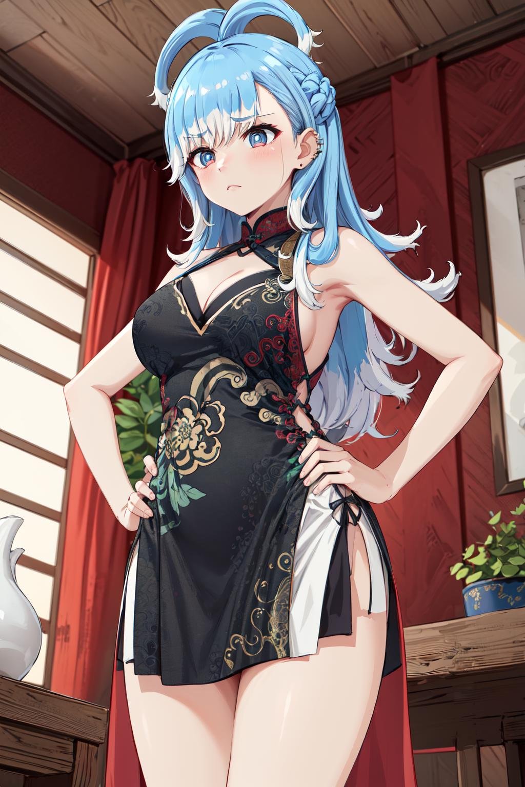 masterpiece,best quality,highres,ultra-detailed,aakobo,two-tone hair,liquid hair,long hair,bangs,earrings,piercing,<lora:kobo_kanaeru:0.9>,bare shoulders,china dress,chinese clothes,short dress,cleavage cutout,sideboob,thighs,hands_on_hips,(furrowed_brow:1.2),indoors,front view,(from_below:1.4),