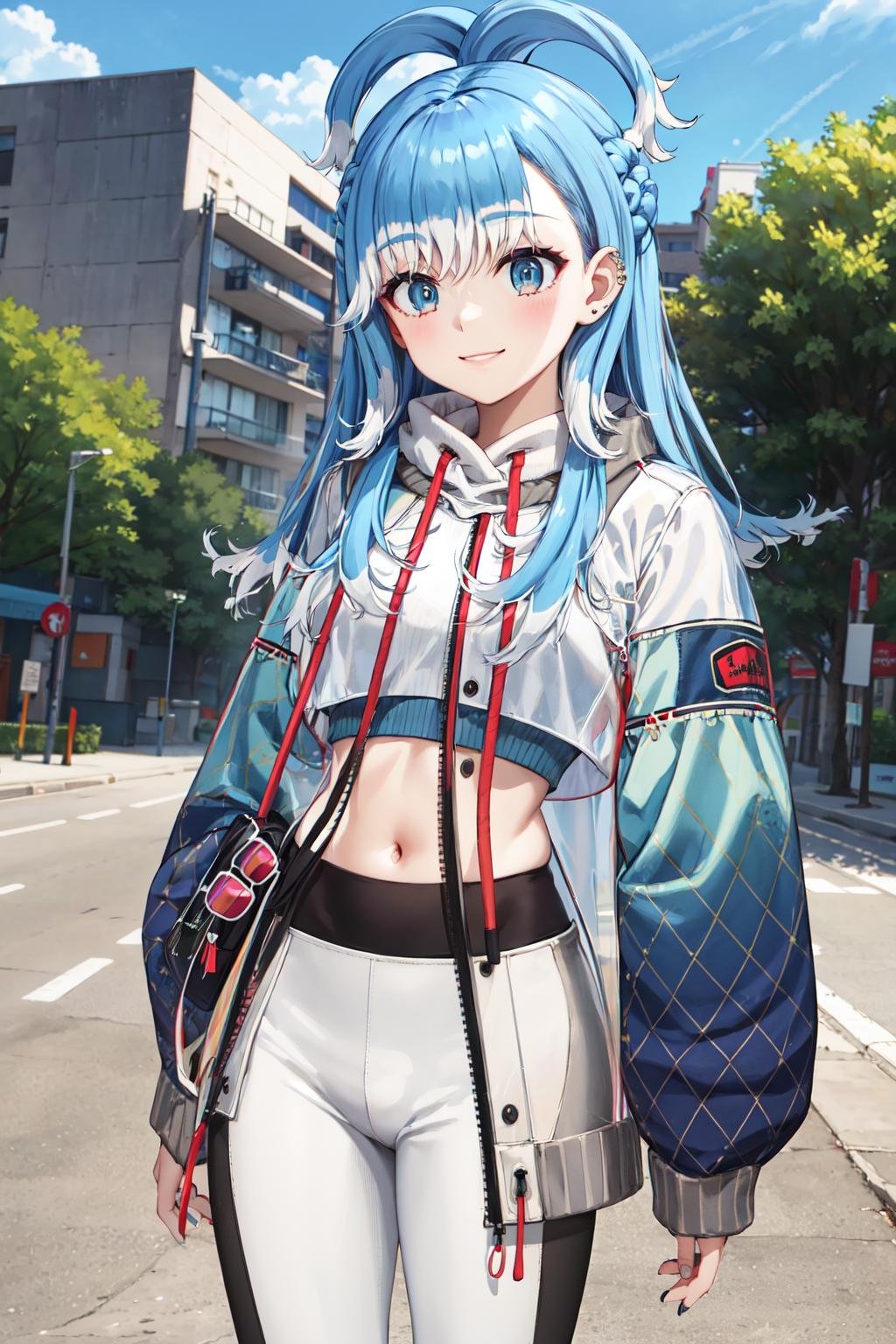 masterpiece,best quality,highres,ultra-detailed,aakobo,two-tone hair,liquid hair,long hair,bangs,earrings,piercing,see-through,jacket,cropped hoodie,white hoodie,drawstring,long sleeves,midriff,sleeves past wrists,blue nails,pants,white pants,sunglasses,white socks,sneakers,white footwear,<lora:kobo_kanaeru:0.9>,outdoors,cowboy shot,smile,standing,