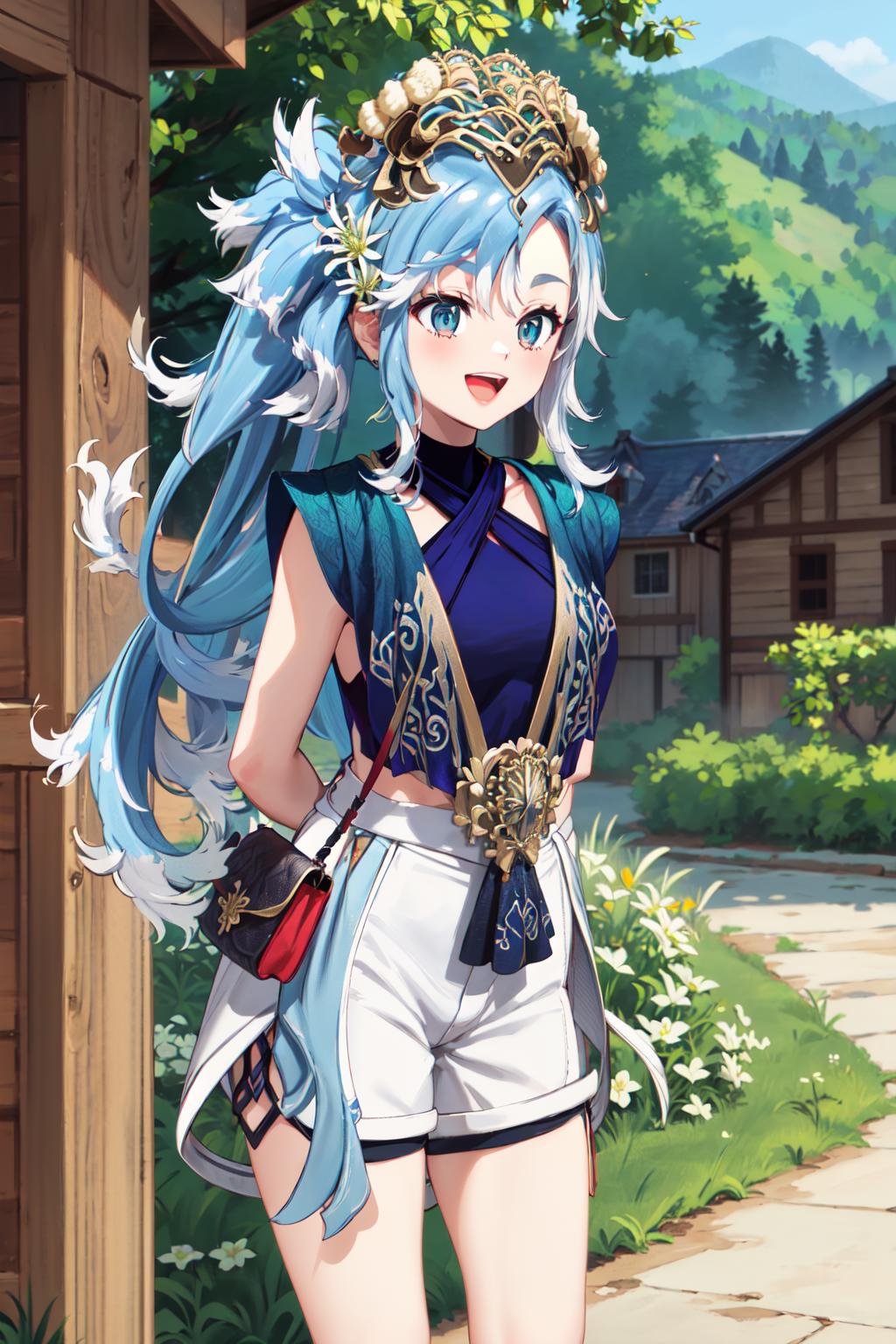 masterpiece,best quality,highres,ultra-detailed,cckobo,multicolored hair,long hair,side ponytail,flower,(hair ornament:1.2),shirt,blue shirt,sleeveless,bracelet,handbag,shorts,white shorts,high heels,(blue footwear:1.2),<lora:kobo_kanaeru:0.9>,outdoors,standing,:d,cowboy shot,(leaning_forward:1.2),(arms_behind_back:1.2),