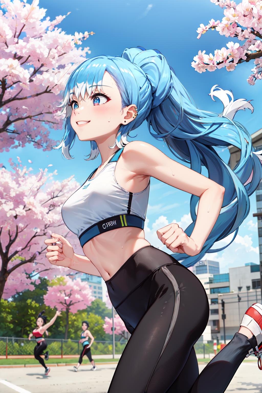 masterpiece,best quality,highres,ultra-detailed,aakobo,two-tone hair,liquid hair,long hair,bangs,earrings,piercing,<lora:kobo_kanaeru:0.9>,sports bra,(leggings:1.2),outdoors,cherry blossoms,smile,sweat,running,ponytail,