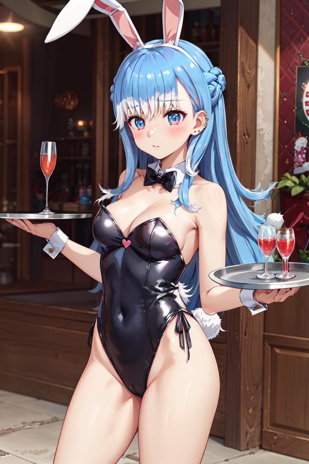 masterpiece,best quality,highres,ultra-detailed,aakobo,two-tone hair,liquid hair,long hair,bangs,earrings,piercing,<lora:kobo_kanaeru:0.9>,(rabbit ears:1.2),(playboy bunny:1.2),casino,holding tray,embarrassed,blush,standing,