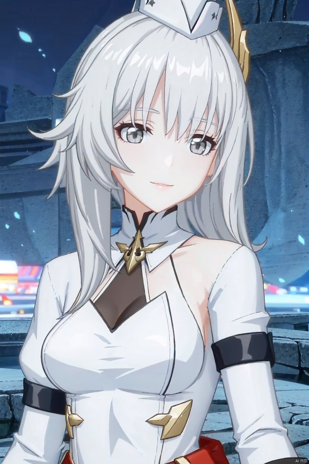  (masterpiece:1.2), best quality, highres, 1girl,solo,white hair, looking at viewer, bangs,grey eyes, breasts,long hair,straight hair,soft lighting,smile,upper_body,liv,white coat,wings,hat,