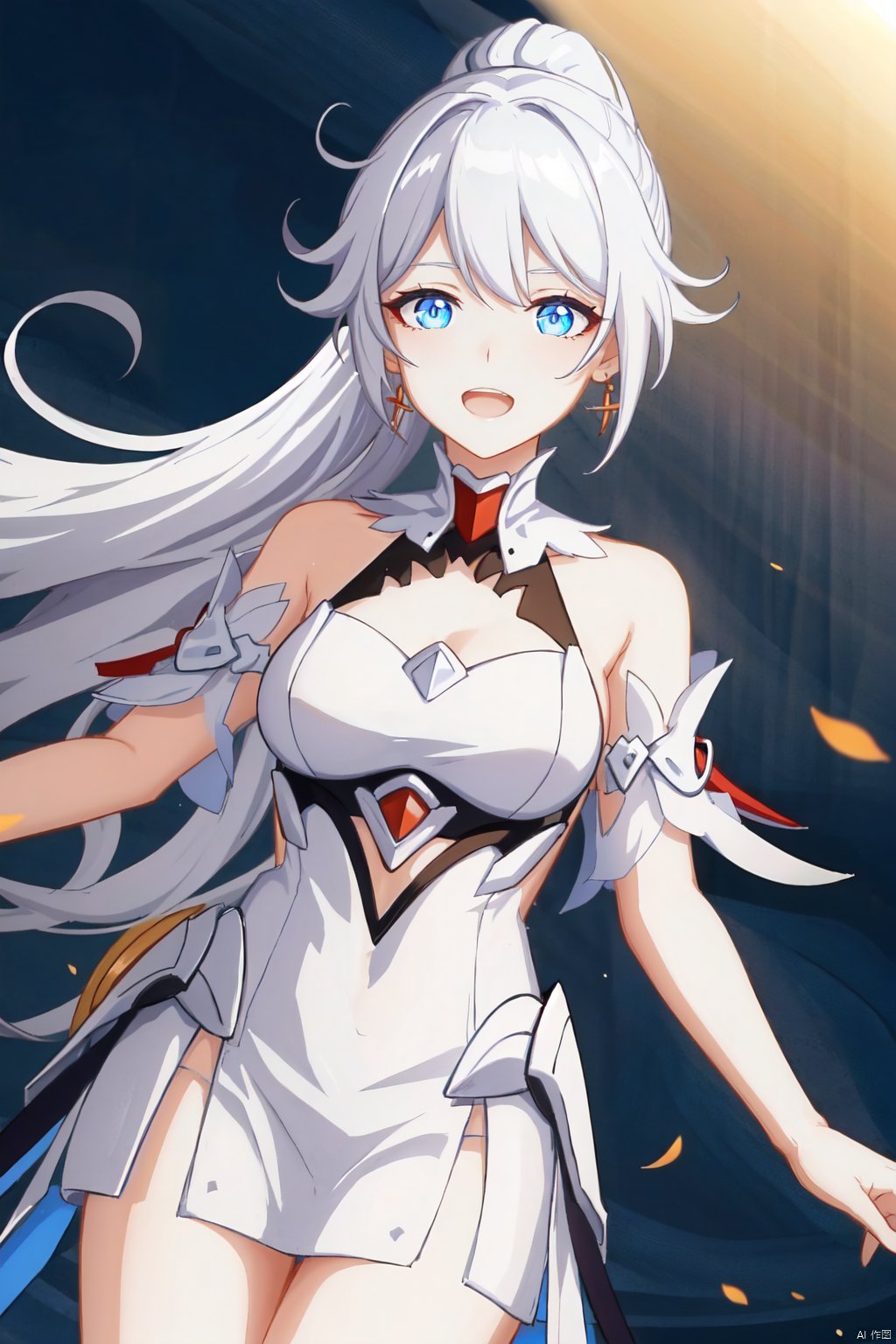  (masterpiece:1.2), best quality, highres, 1girl,solo,white hair, looking at viewer, bangs,blue eyes, breasts,long hair,close up,soft lighting,laughing,cowboy shot,ponytail, HOF