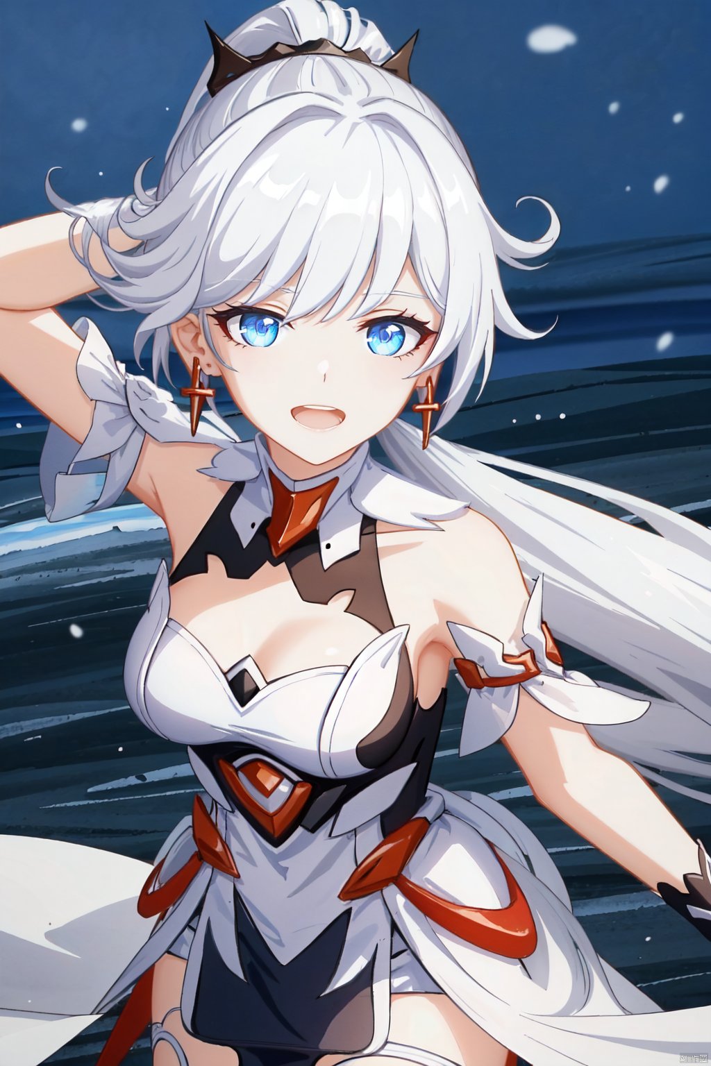  (masterpiece:1.2), best quality, highres, 1girl,solo,white hair, looking at viewer, bangs,blue eyes, breasts,long hair,close up,soft lighting,laughing,cowboy shot,ponytail, HOF,from above