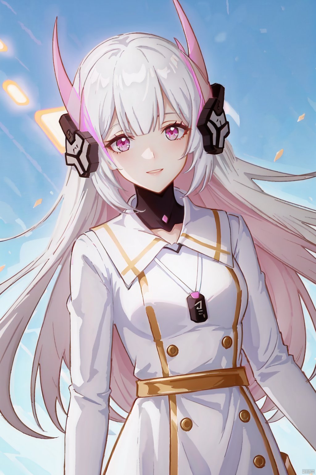  (masterpiece:1.2), best quality, highres, 1girl,solo,looking at viewer, bangs,breasts,long hair,straight hair,soft lighting,smile,white hair, long hair, pink eyes, headgear, necklace, white coat, skirt,upper_body,close up