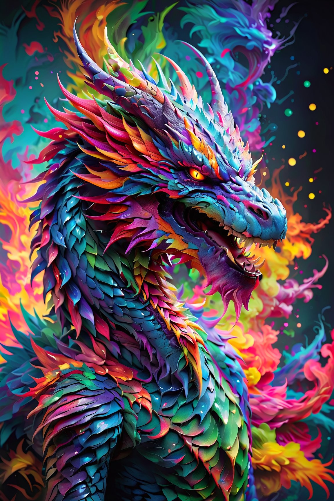 AiArtV, Dragon, (best quality, 8K, highres, masterpiece), ultra-detailed, (photorealistic, cinematic), illustration painting of a luminous and enchanting bad guy undead/human-like creature with vibrant and dynamic anime-style colors. The creature, with dark, colorful hair, strikes a dynamic pose in a brilliantly lit fantasy realm environment filled with a kaleidoscope of colors. The mid-shot composition and rule of thirds depth of field emphasize intricate details, creating a fantastical realm that bursts with subtle and vibrant colors. The use of light particles enhances the scene's grandeur and awe, making it a stunning visual masterpiece in a double-exposure style. The strong outlines contribute to the scene's cinematic feel, creating a super colorful and visually captivating narrative
,Dragonyear 