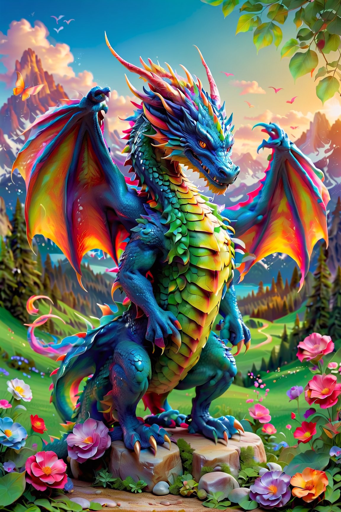 Create a friendly and whimsical 3D dragon character for a children's book. The dragon should have a playful and approachable demeanor, with a big smile and expressive eyes that radiate warmth and kindness. Design the dragon to have vibrant and colorful scales, giving it a unique and captivating appearance. Incorporate elements of fantasy and magic, such as sparkling wings or a gentle glow emanating from its body. Ensure that the dragon has a lovable and huggable quality, making it a delightful companion for young readers. Transport children into an enchanting world of imagination and adventure with this endearing 3D dragon character,3D
