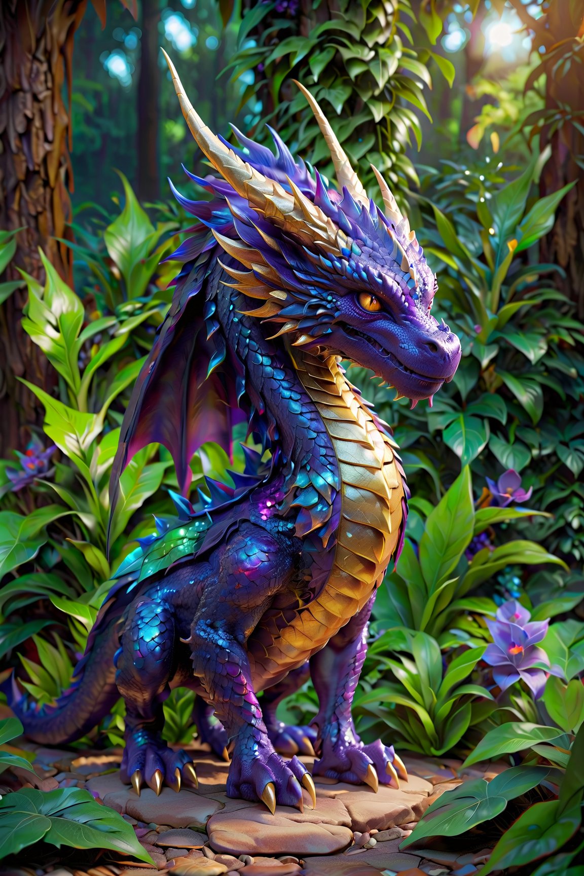enigma, octane rendering, unreal engine, cinematic, hyperrealism, 16k, depth of field, bokeh.iridescent accents.vibrant.Dragon cub made like the video game character Spyro, with dragon scales with a shiny purple and gold outline, horns golden and two red wings, it has four purple legs, a charismatic personality, a cunning look, the dragon has the tip of its tail in the shape of a golden arrow. In color, each scale shines with iridescent hues, transforming the ordinary into a fascinating spectacle,dragon-themed
