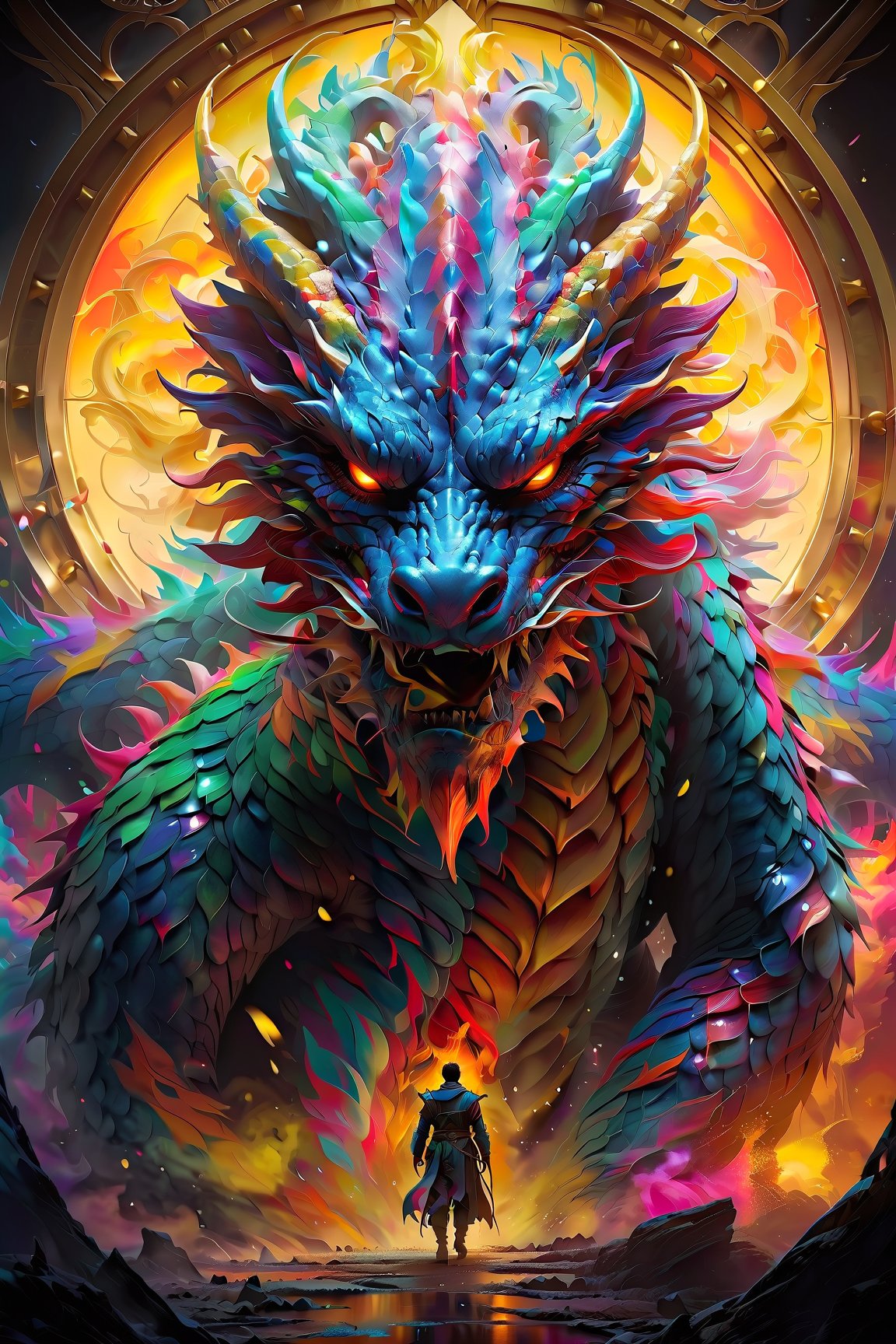 AiArtV, Dragon, (best quality, 8K, highres, masterpiece), ultra-detailed, (photorealistic, cinematic), illustration painting of a luminous and enchanting bad guy undead/human-like creature with vibrant and dynamic anime-style colors. The creature, with dark, colorful hair, strikes a dynamic pose in a brilliantly lit fantasy realm environment filled with a kaleidoscope of colors. The mid-shot composition and rule of thirds depth of field emphasize intricate details, creating a fantastical realm that bursts with subtle and vibrant colors. The use of light particles enhances the scene's grandeur and awe, making it a stunning visual masterpiece in a double-exposure style. The strong outlines contribute to the scene's cinematic feel, creating a super colorful and visually captivating narrative
,Dragonyear 