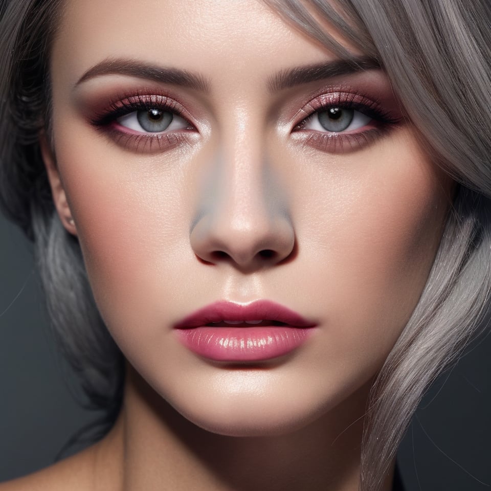 macro lips, photo of a woman, 30 years old, close up of her face, She is looking at the camera with a confident and shiny lips seductive expression, her lips slightly parted (light gray eyes:1.2), platinum blonde hair,