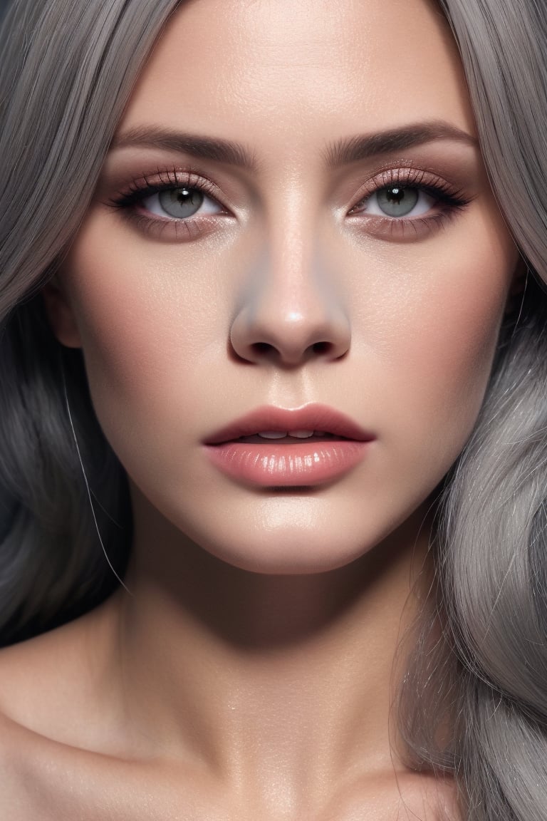 photo of a woman, 30 years old, close up of her face, She is looking at the camera with a confident and shiny lips seductive expression, her lips slightly parted (light gray eyes:1.2), platinum blonde hair,