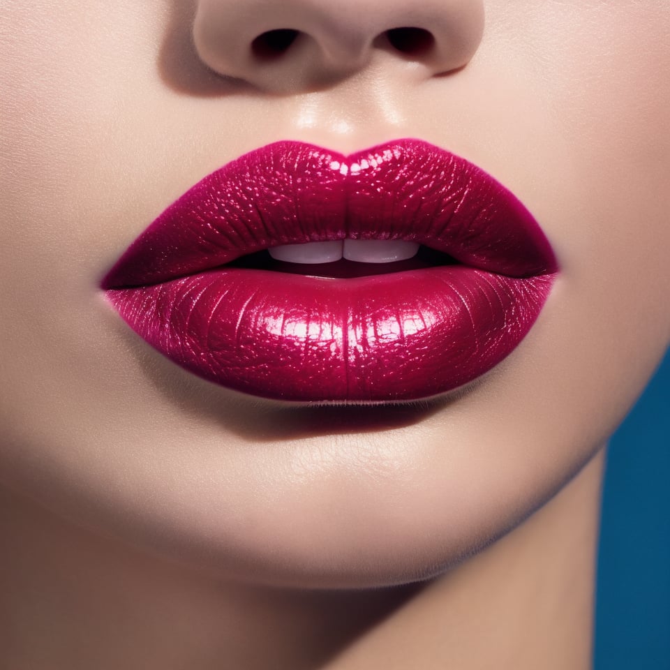 Macro lips, photo of a woman, close up of her face, She is looking at the camera with confident and shiny lips( red lips: 1.2) seductive expression, her lips slightly parted, platinum blonde hair,