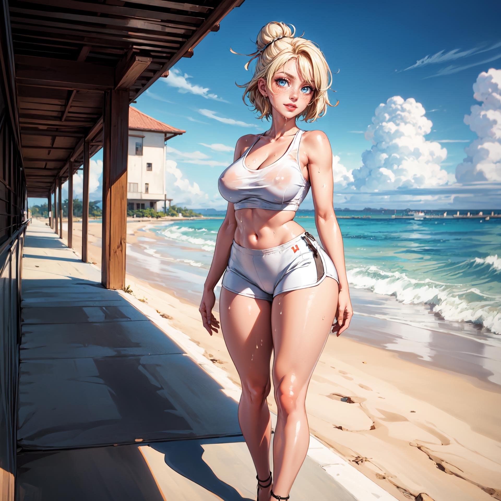 (masterpiece),(best quality),(extremely detailed),(high res),4k,8k, 1girl, blue eyes, blonde hair, bun, red lips, freckles, short hair, thick thighs, curvy figure, wide hips, thin waist, voluptuous, milf, mature female, supermodel, blue tank top, cleavage, underboob, breasts, sweating, wet,((white yoga shorts, white spandex shorts, short shorts,)) high-heels, (full body), cowboy pose, smiling, seductive, blushing, in Florida, beach, streets,<lora:add_detail:1>