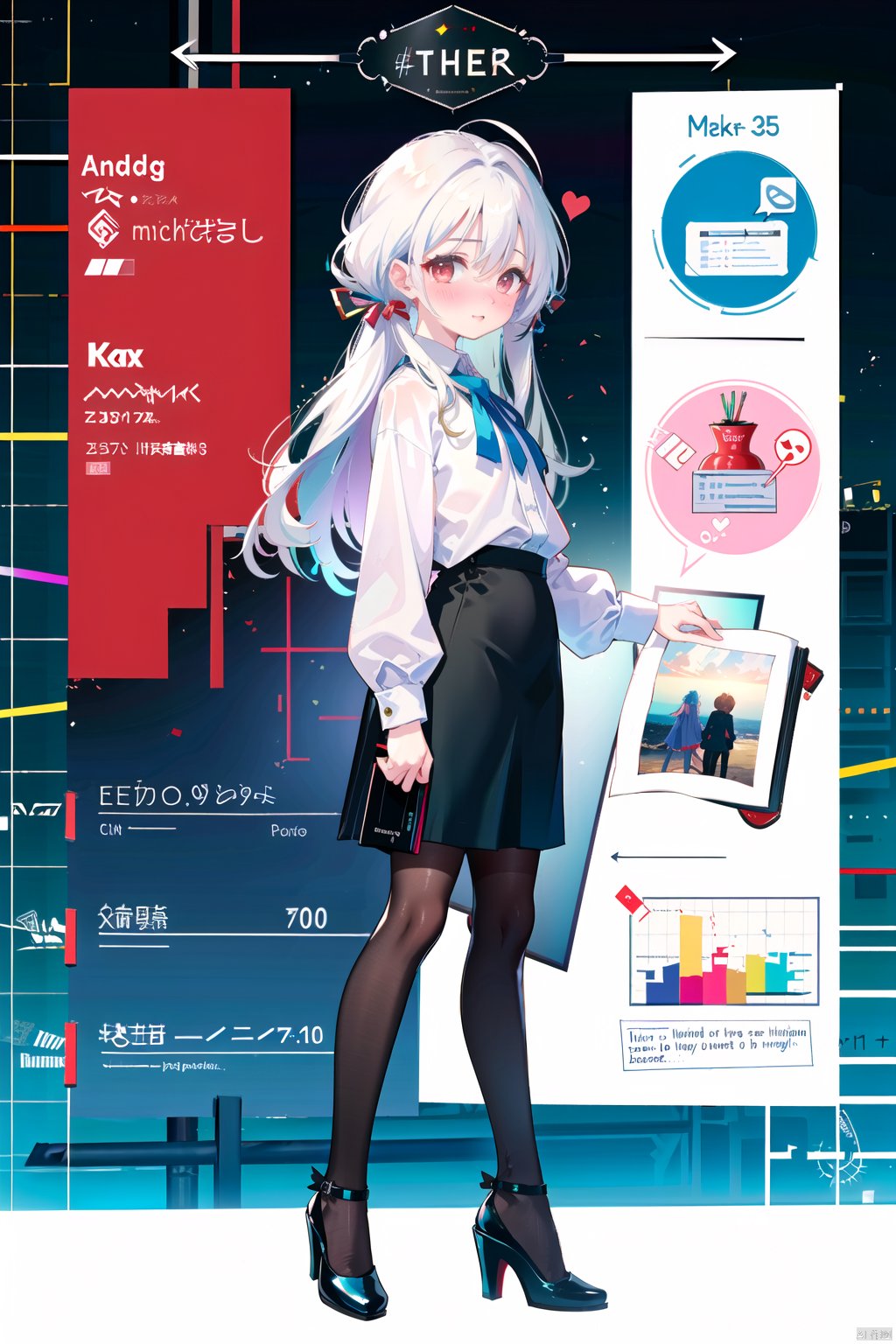 (from side),(full body:1.25),(loli),(flat chest),graphite \\(medium\\), ske,gradient,rainbow,note,white hair,(long hair),standing,(nose blush), (embarrassed),red eyes,highres, absurdres,(ultra-detailed:1.1025), (illustration:1.1025), (infographic:1.2),little girl,patent drawings, physical measurement, (all clothes configuration:1.15), stationery, (solo),cohesive background, (character sheet), thin,full body,(teacher),suit,pencil skirt,black pantyhose,high heels,steaming body,chalk,book,chalkboard,photo \(medium\), photo \(object\),makeup,smile,[spoken heart], arms behind back,english text,