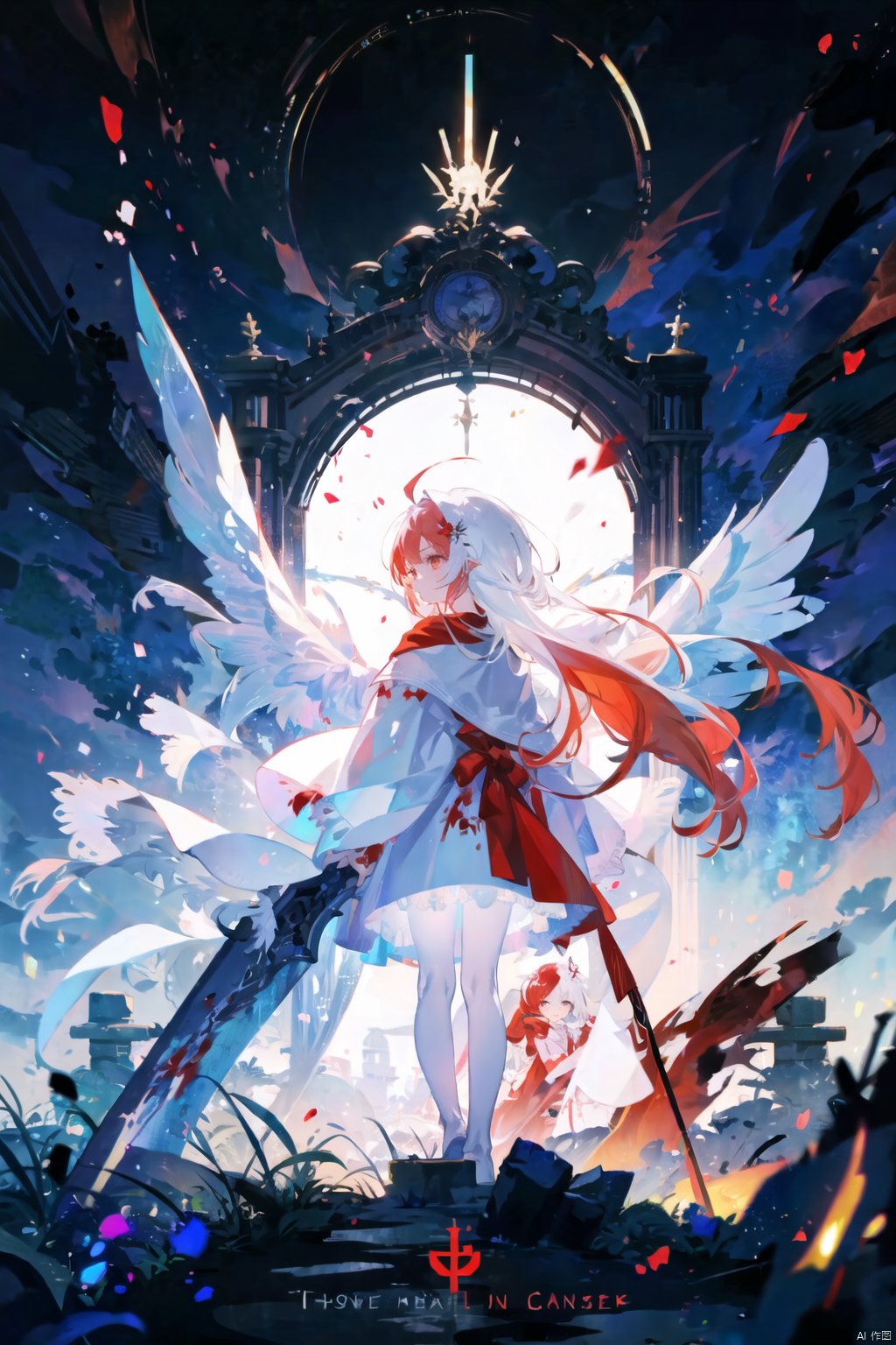  1girl, (loli:1.2), red eyes, white cape, (white hair), long hair, (red hair flower), (blood:1.2), (ghost castle:1.2), (english text), (silhouette), long bangs, evil smile, cover, text below, (distant view:1.2), ethereal dragon, backlight, colors, white pantyhose