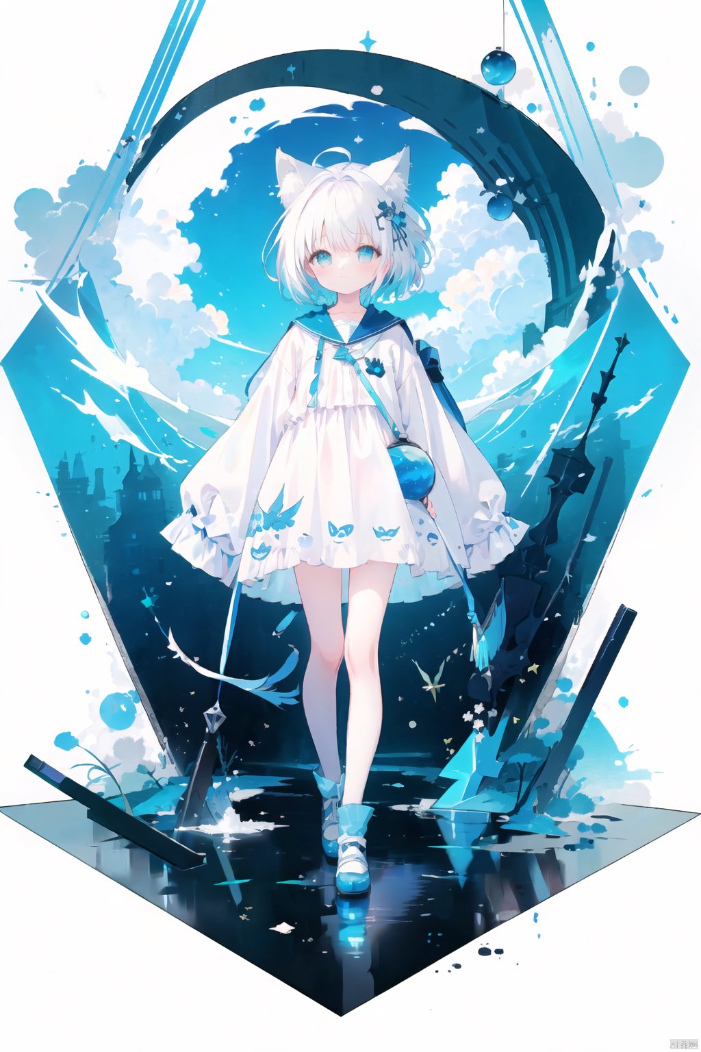 (masterpiece)), (((best quality))), ((ultra-detailed)), ((illustration)), white background,(1girl:1.3)aqua theme,white hair,blinking,white dress,wolf ears,spire,closed mouth,color edtips,constel lation,flat color,noline art,fish print, cloud, paper fish,Glass sphere,girl inside glass sphere, midjourney