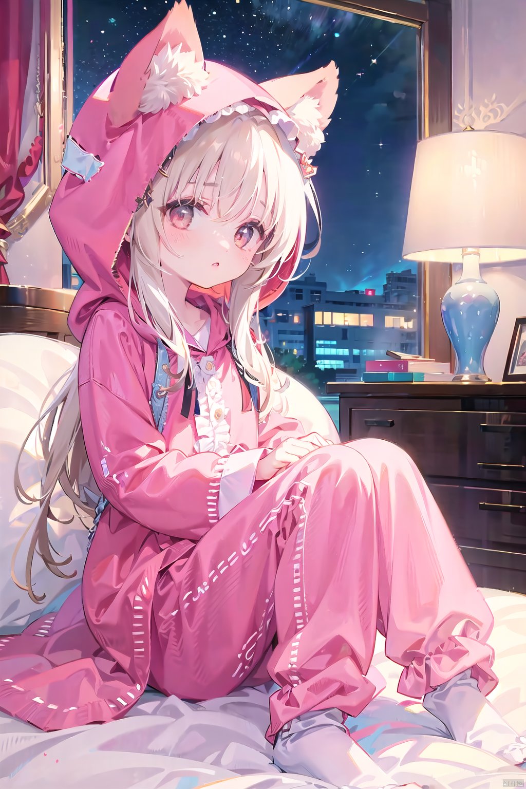 Loli, solo focus, full body, sitting, dynamic angle, white hair, flat chest, frilled, 3yo, brown hair, long hair, night, starry sky, dark, sleepy, want to sleep, animal ears hood, A young girl in pajamas holding a large stuffed animal, with a shy expression on her face, in a bedroom setting, The composition should exude a blend of sensuality and innocence, The background should be visually captivating,