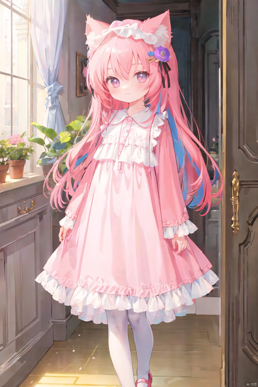 (flat color:1.1),(colorful:1.1),(masterpiece:1.2), best quality, masterpiece,highres, original, extremely detailed wallpaper,detailed eyes,detailed face

1 girl16-years old,chibi,preteen girl,.solo,cat ears),pinkpajamas),pink Nightgown, (pink long straight hair),(flower hairband), red shoes,ganbangs,standing looking at viewer, smiling, happy,pose, girly_rooms, indoors.

facing viewrs:0.56,cowboy shot, fullbody, white pantyhose