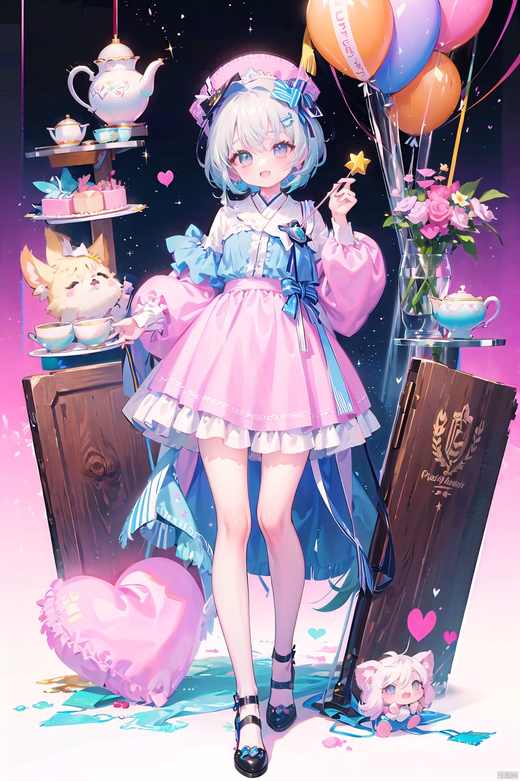 masterpiece, best quality,

(masterpiece:1.2155), (best quarity:1.2155), (ultra detailed:1.2155), official art, illustration, 1girl,happy, solo, full body, (standing on mini base:1.1025), floating, surround of fluit and toys, teaset, (maximalism:0.907),yumekawaii!!! , ((Pastel-colored clothing)), (Holding a lollipop), Girl on a plate ,eyelashes,

star \(symbol\)