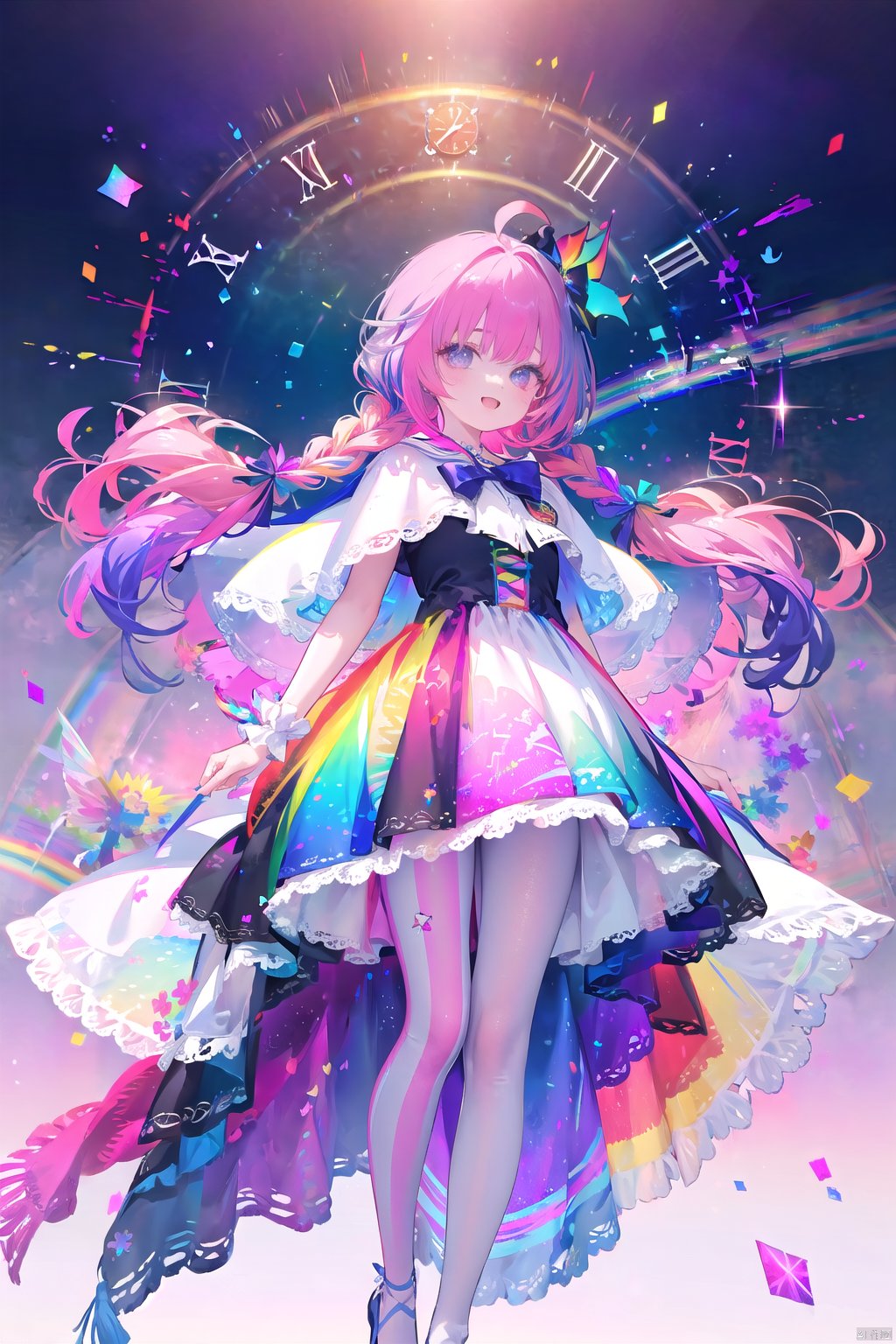 flat color, 1girl, solo, smile, detailed lighting, blurry, sunshine, mahou_shoujo,

(( rainbow gradient)), rainbow_print, butterfly print, fireworks,

rainbow hair, very long hair, braid, ahoge, big hair,

gradient eyes, wind, floating, sparkle,

(rainbow colorful multicolored clothes:1.3), floral print, flowers, hairbow, lace, frills, magical girl, cape,

lace trimmed white legwear, pantyhose,

((colorful rainbow)), ((rainbow colorful long hair)), multicolored hair, streaked hair,

clock, magic circle, nai3