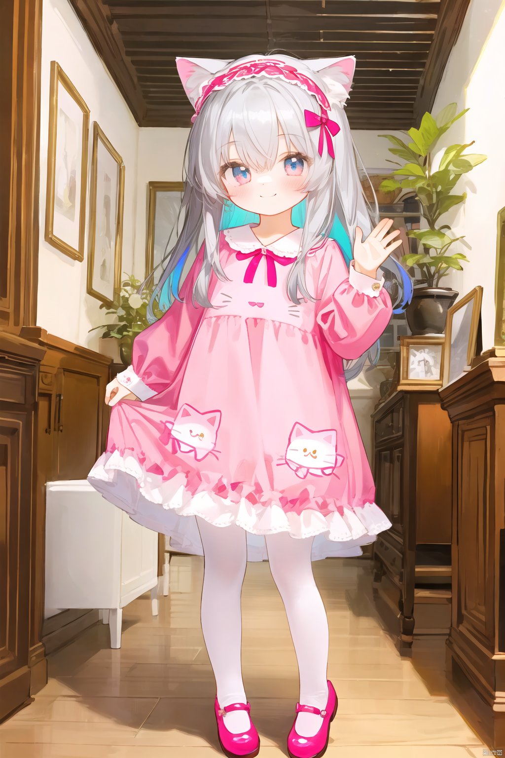  (flat color:1.1),(colorful:1.1),(masterpiece:1.2), best quality, masterpiece,highres, original, extremely detailed wallpaper,detailed eyes,detailed face

1 girl16-years old,chibi,preteen girl,.solo,cat ears),pinkpajamas),pink Nightgown, (pink long straight hair),(flower hairband), red shoes,ganbangs,standing looking at viewer, smiling, happy,pose, girly_rooms, indoors.

facing viewrs:0.56,cowboy shot, fullbody, white pantyhose