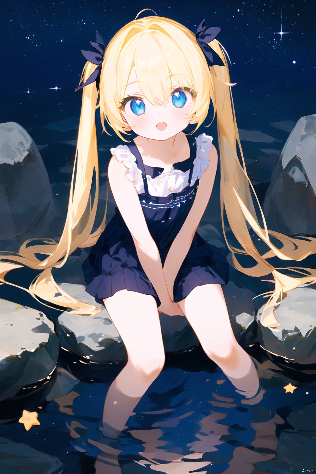  (masterpiece:1.2),best quality, 1girl,blonde hair,blue eyes,(very long twin tails,looking up),sharp hair,sitting,rocks,river,((reflection,night,star_(sky))),