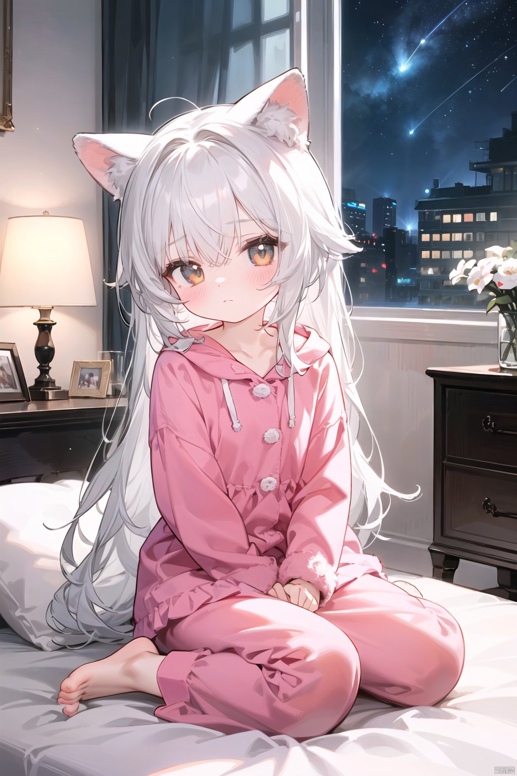  Loli, solo focus, full body, sitting, dynamic angle, white hair, flat chest, frilled, 3yo, brown hair, long hair, night, starry sky, dark, sleepy, want to sleep, animal ears hood, A young girl in pajamas holding a large stuffed animal, with a shy expression on her face, in a bedroom setting, The composition should exude a blend of sensuality and innocence, The background should be visually captivating,