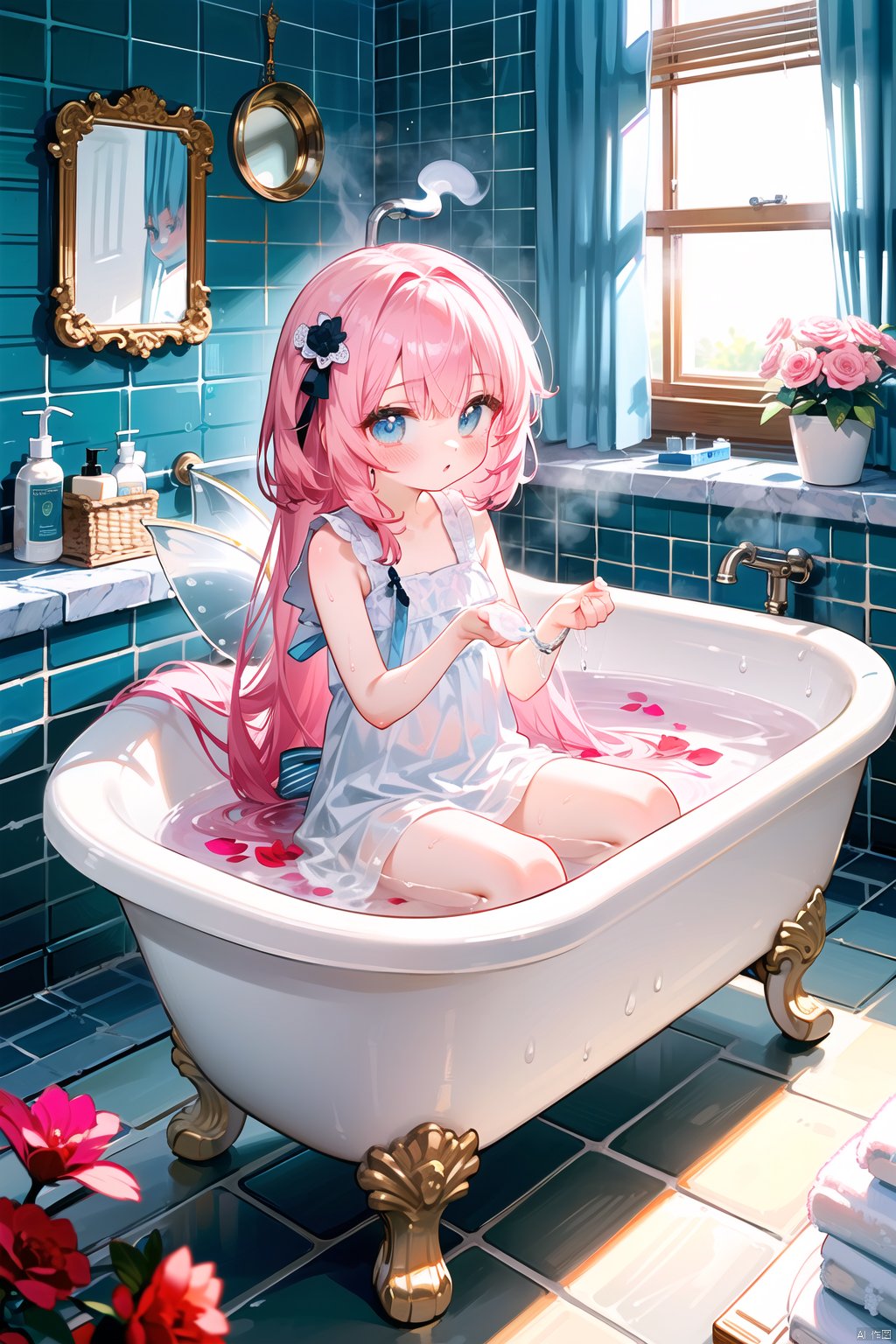  

((colorful)),(Detailed eyes description), (8K wallpaper), (masterpiece,best quality,ultra-detailed,illustration),(cinematic lighting),dreamy atmosphere,(bubble),

((a fairy tale bathroom)),(It's a fantastic room with lots of (lovely decorations):1.15),messy room,((steam,vapour)),water mist,(loli,little girl:1.35),pink hair,blue eyes,long hair,wet hair,(Detailed face description),(bare legs,barefoot),

petals in the bathtub,(flower bath,milk bath),(soap,soap bubble),warm light,(mirror),(washstand),shower head,shampoo,blue curtains,
