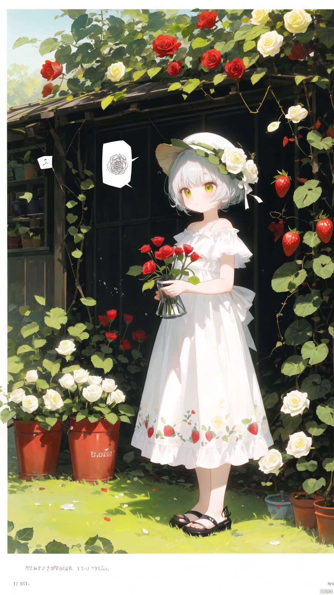  rose_print, spider_lily, spoken_squiggle, squiggle, standing, strawberry, tattoo, thorns, tulip, vase, vines, watering_can, white_rose, yellow_rose,loli,petite