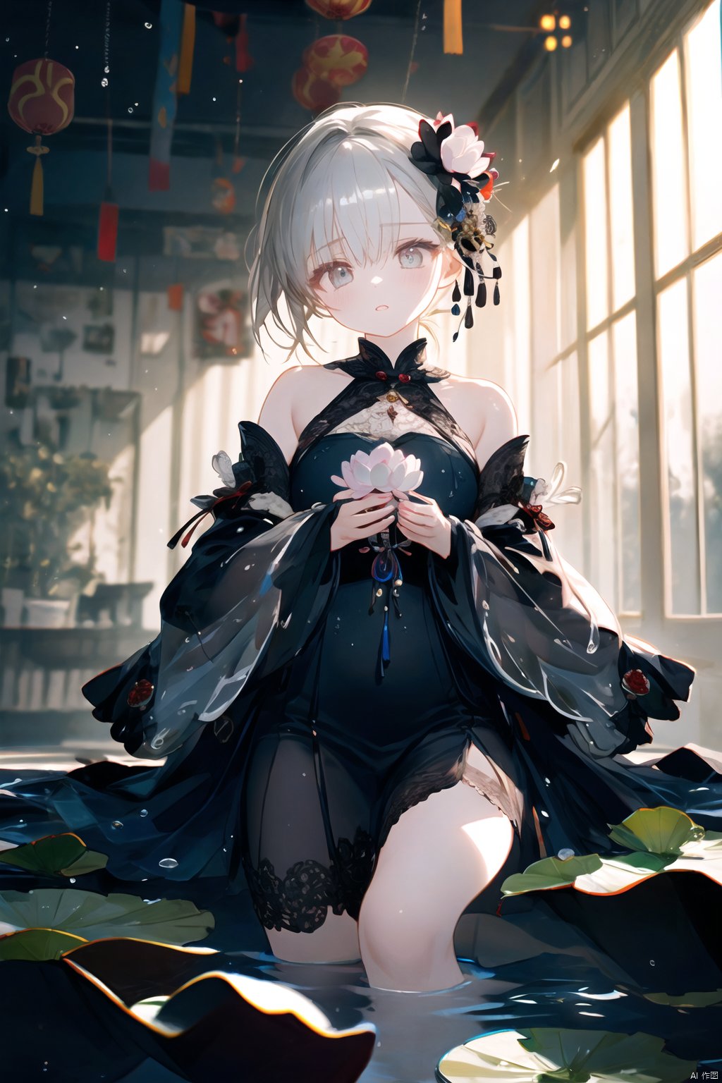  1girl, (Lotus: 1.2), shiny skin, realistic style with fantasy elements, jewelry, surrealism, wide sleeves, detailed clothing, black dress, lace dress, see-through dress, Hanfu, New Year elements, elegant posture, Lights, contrast, amazing aesthetic, best quality, gorgeous artwork,r1ge,

 Highest picture quality, masterpiece, exquisite CG, exquisite and complicated hair accessories, big watery eyes, highlights, natural light, Super realistic, cinematic lighting texture, absolutely beautiful, 3D max, vray, c4d, ue5, corona rendering, redshift, octane rendering, （Show whole body）, （all body）,