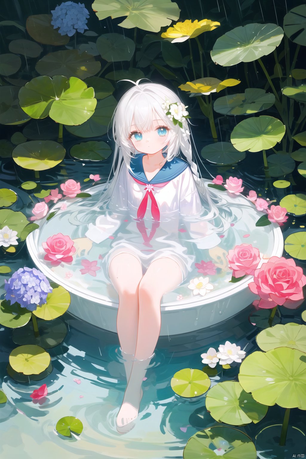  loli, petite, long hair, floating hair, messy hair, 1girl, white hair, white jacket, afloat, air bubble, bathtub, beach, berry, blue eyes, blue flower, bouquet, bow, braid, bubble, camellia, caustics, clover, coral, daisy, floral background, flower, food, fruit, hibiscus, horizon, hydrangea, in water, leaf, lily \(flower\), lily of the valley, lily pad, long sleeves, looking at viewer, lotus, ocean, partially submerged, petals on liquid, pink flower, purple flower, rain, red flower, ripples, rose, sailor collar, shallow water, snowflakes, soaking feet, solo, submerged, waves, white rose, yellow flower,,,,,, mz-hd, backlight