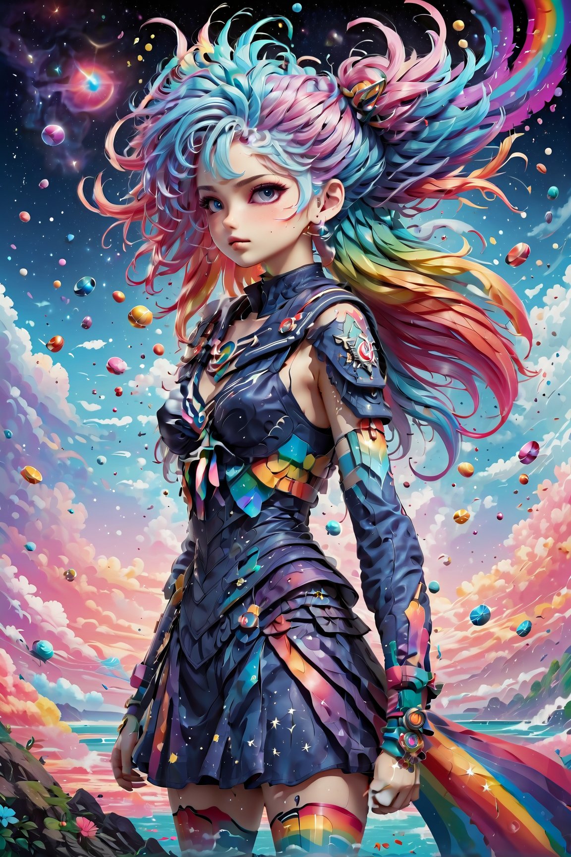 ((extremely detailed CG)),((8k_wallpaper)),(((masterpiece))),((best quality)),watercolor_(medium),((beautiful detailed starry sky)),cinmatic lighting,loli,princess,very long rainbow hair,side view,looking at viewer,full body,frills,(far from viewer),((extremely detailed face)),((an extremely delicate and beautiful girl)),((extremely detailed cute anime face)),((extremely detailed eyes)),(((extremely detailed body))),(ultra detailed),illustration,((bare stomach)),((bare shoulder)),small breast,((sideboob)),((((floating and rainbow hair)))),(((Iridescence and rainbow hair))),(((extremely detailed sailor dress))),((((Iridescence and rainbow dress)))),(Iridescence and rainbow eyes),beautiful detailed hair,beautiful detailed dress,dramatic angle,expressionless,(big top sleeves),frills,blush,(ahoge)