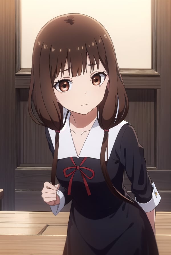 mikoiino, <lora:miko iino s3-lora-nochekaiser:1>,miko iino, blunt bangs, (brown eyes:1.5), brown hair, hair tie, long hair, low twintails, red ribbon, ribbon, twintails,BREAK long sleeves, dress, ribbon, school uniform, collarbone, (black dress:1.2), sailor collar, white sailor collar, red ribbon, neck ribbon, shuuchiin academy school uniform, armband,BREAK indoors, classroom,BREAK looking at viewer, (cowboy shot:1.5),BREAK <lyco:GoodHands-beta2:1>, (masterpiece:1.2), best quality, high resolution, unity 8k wallpaper, (illustration:0.8), (beautiful detailed eyes:1.6), extremely detailed face, perfect lighting, extremely detailed CG, (perfect hands, perfect anatomy),