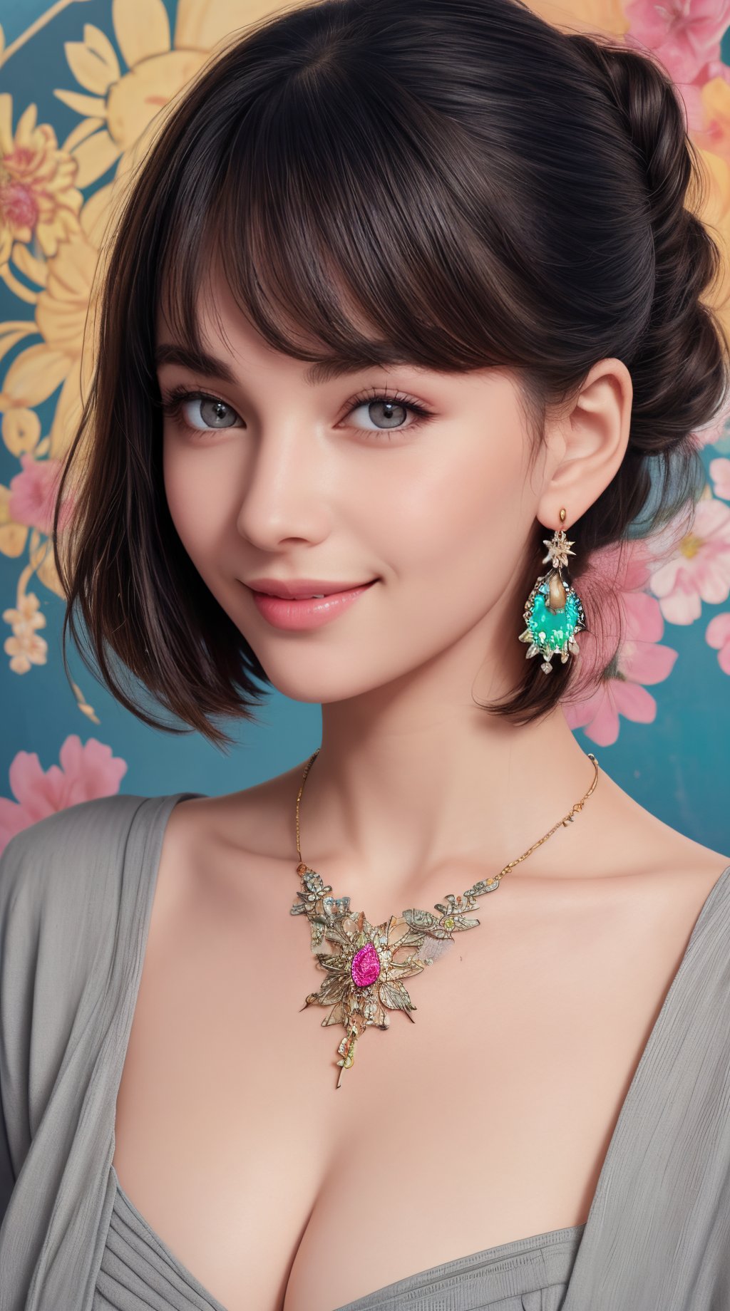 (best quality, masterpiece, ultra detailed, 8K, RAW photo), absuredres, a beautiful student model holding a sparrow, long black chignon with blunt bangs, azure outfit,grey eyes,parted greasy lips,kind smile,intricate jewelry,necklace,earrings, bliss, joyful, floral background,vibrant color, colorful, 