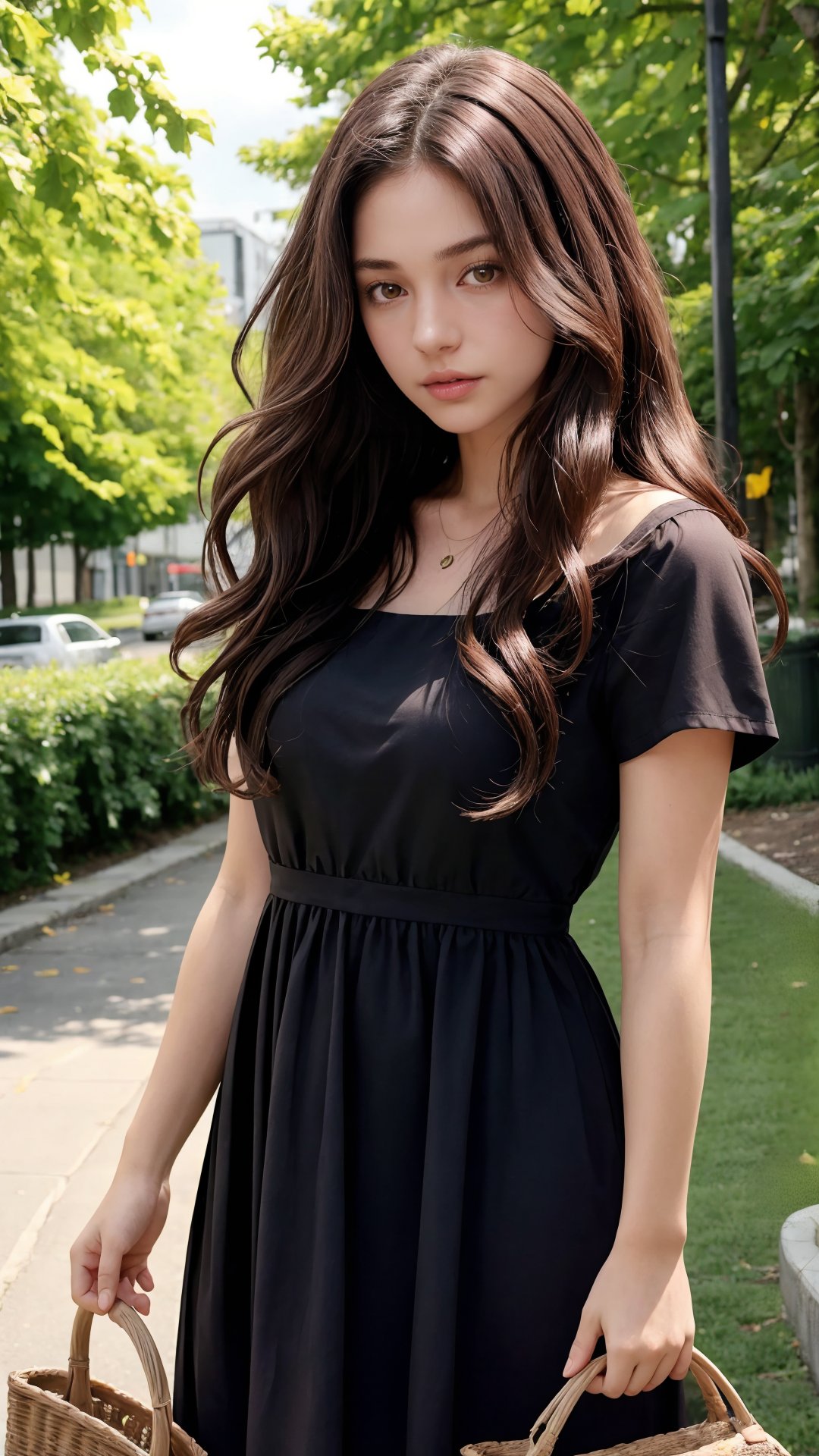 1girl, solo, curly hair, messy hair, long hair, looking at viewer, brown hair, black hair, dress, holding, upper body, flower, short sleeves, outdoors, white dress, lips, rose, leaf, pink flower, realistic, basket, Detailed, unique, trendy, professional.,Masterpiece