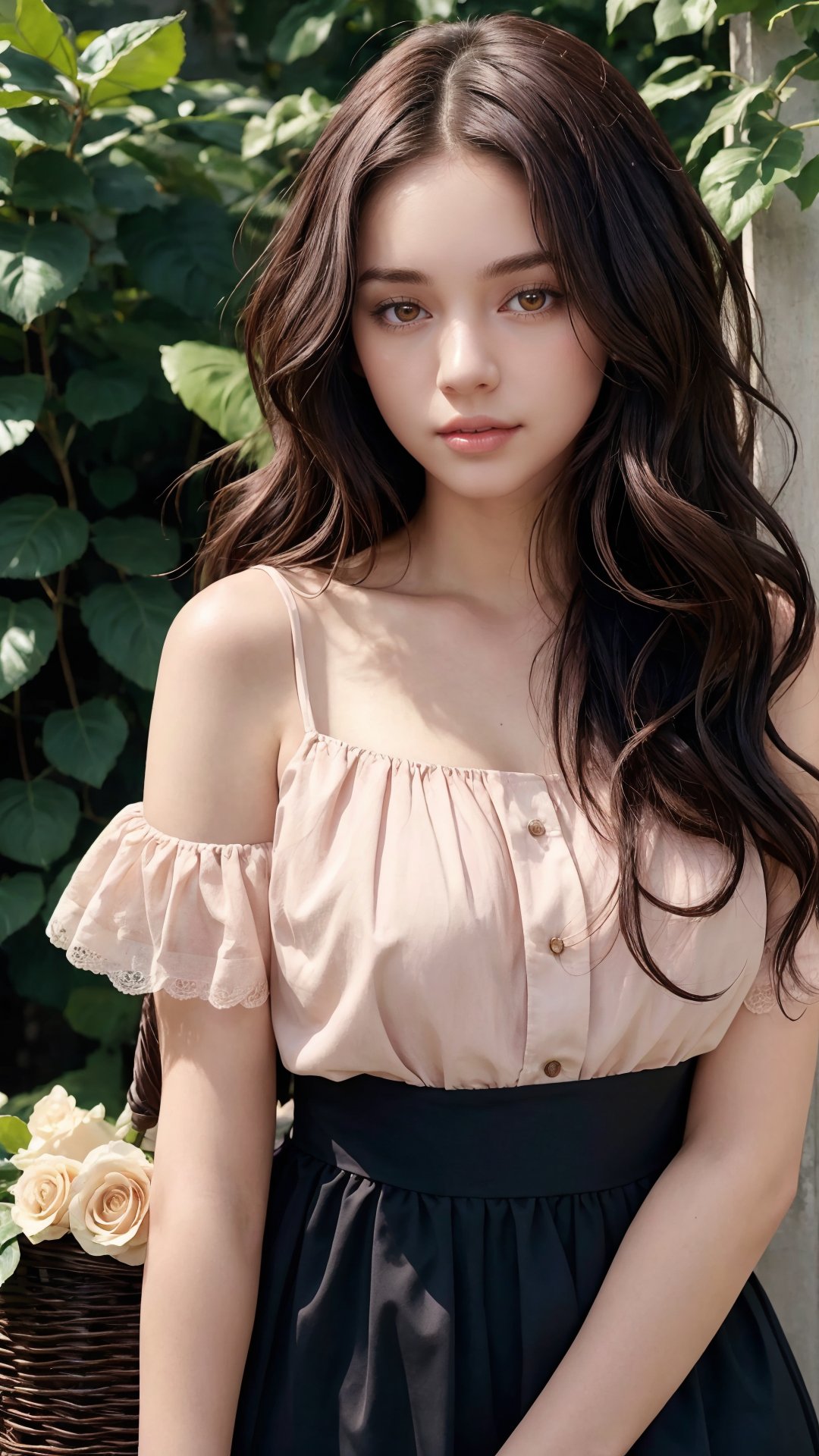 1girl, solo, curly hair, messy hair, long hair, looking at viewer, brown hair, black hair, dress, holding, upper body, flower, short sleeves, outdoors, white dress, lips, rose, leaf, pink flower, realistic, basket, Detailed, unique, trendy, professional.,Masterpiece