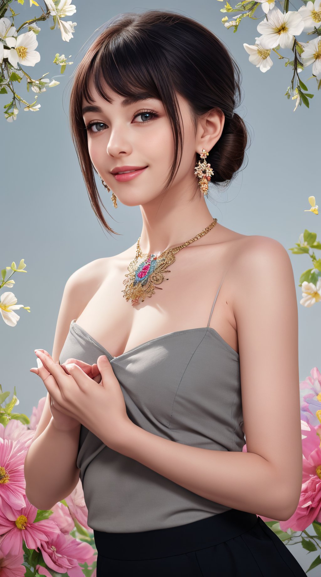 (best quality, masterpiece, ultra detailed, 8K, RAW photo), absuredres, a beautiful student model holding a sparrow, long black chignon with blunt bangs, azure outfit,grey eyes,parted greasy lips,kind smile,intricate jewelry,necklace,earrings, bliss, joyful, floral background,vibrant color, colorful, 