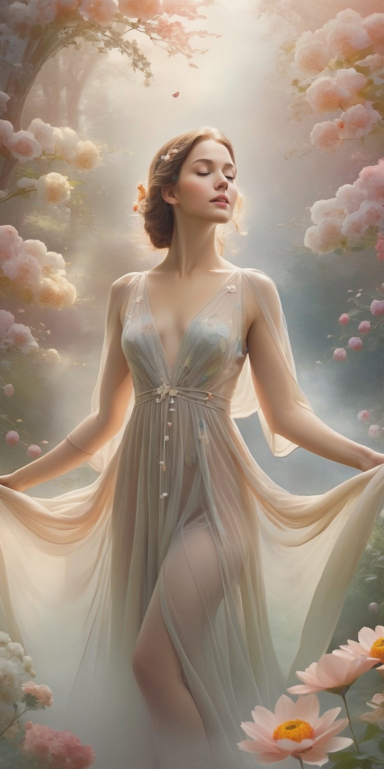 In a dreamy and ethereal setting, the woman is depicted floating in a cloud of mist and soft light. Her body is naked surrounded by delicate flowers that seem to bloom from her very essence, symbolizing the beauty and vitality of femininity. The colors used are pastel and muted, creating a serene and tranquil atmosphere. The composition is organic and flowing, with the woman’s body forming graceful curves that harmonize with the natural elements around her. The overall mood is one of enchantment and mystique, evoking a sense of wonder and reverence for the feminine form.,Transparent Glass Flowers, cinematic lighting, photorealistic,boho_chic