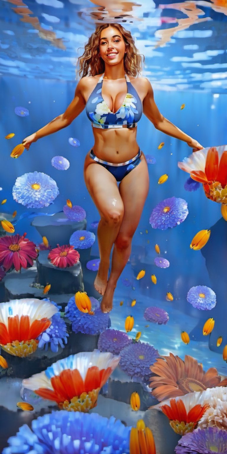 1girl, solo, fit, large breasts, flowers, full body, underwater, photorealistic,boho_chic