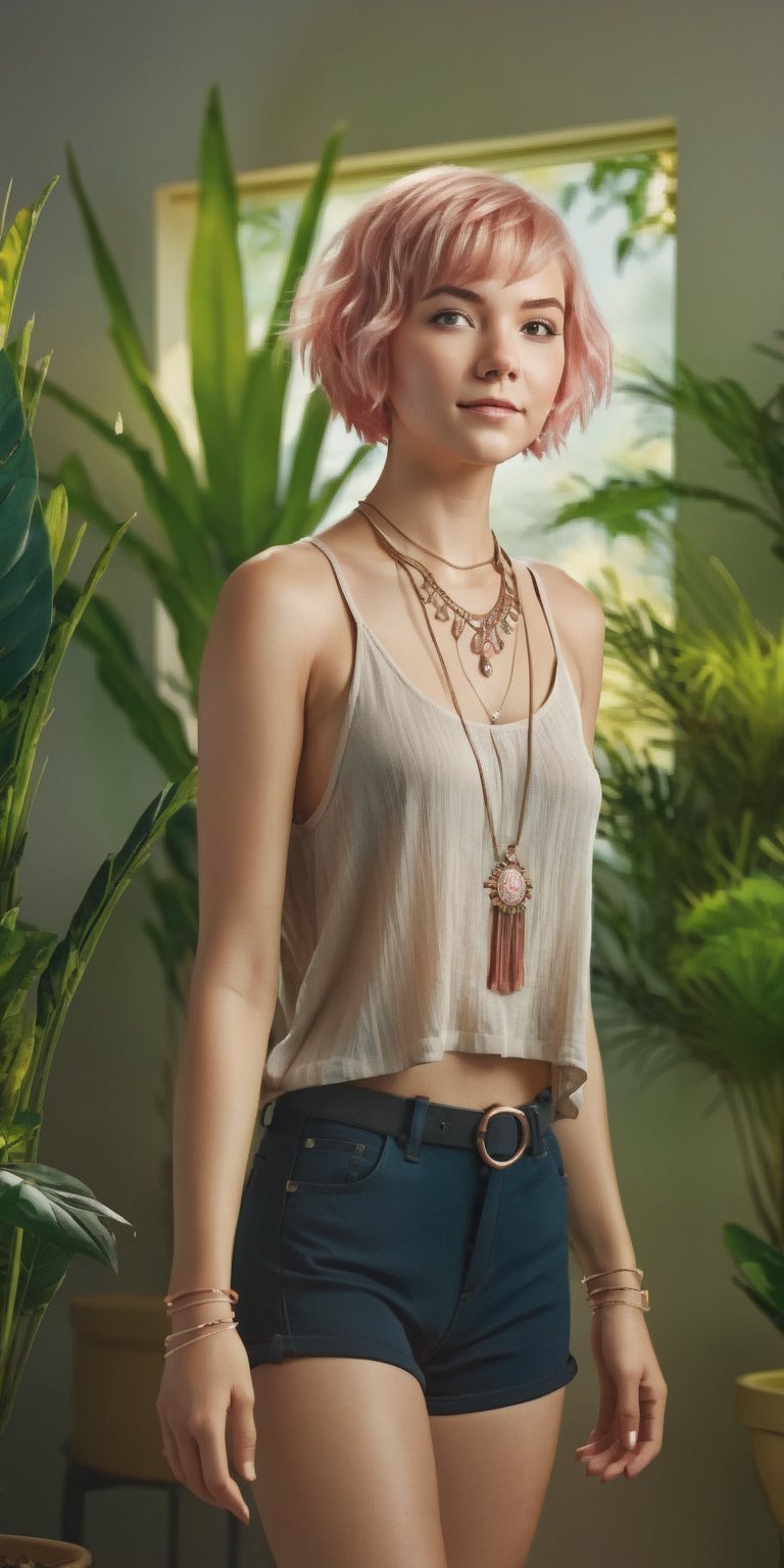 1girl, full body, 18yo, solo, short pink hair, jewelry, dynamic pose, plant, cinematic lighting, photorealistic,boho_chic