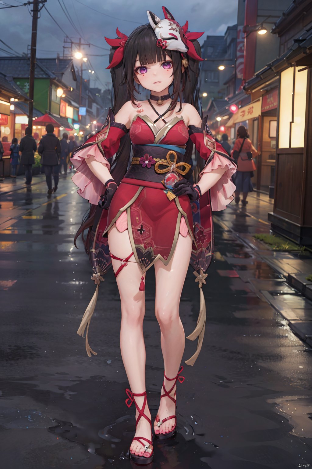  8k, best quality, masterpiece, (ultra-detailed:1.1), (high detailed skin),(full body:1.3), standing, looking at viewer, (solo:1.4), hand on hip, huahuo, 1girl, single_glove, mask on head, sash, black hair, twintails, purple eyes, obi, fox mask, single glove, japanese clothes, Cherry blossom tattoo, chest tattoo,(beautiful_face), ((intricate_detail)), clear face,((finely_detailed)), fine_fabric_emphasis,((glossy)), full_shot,
