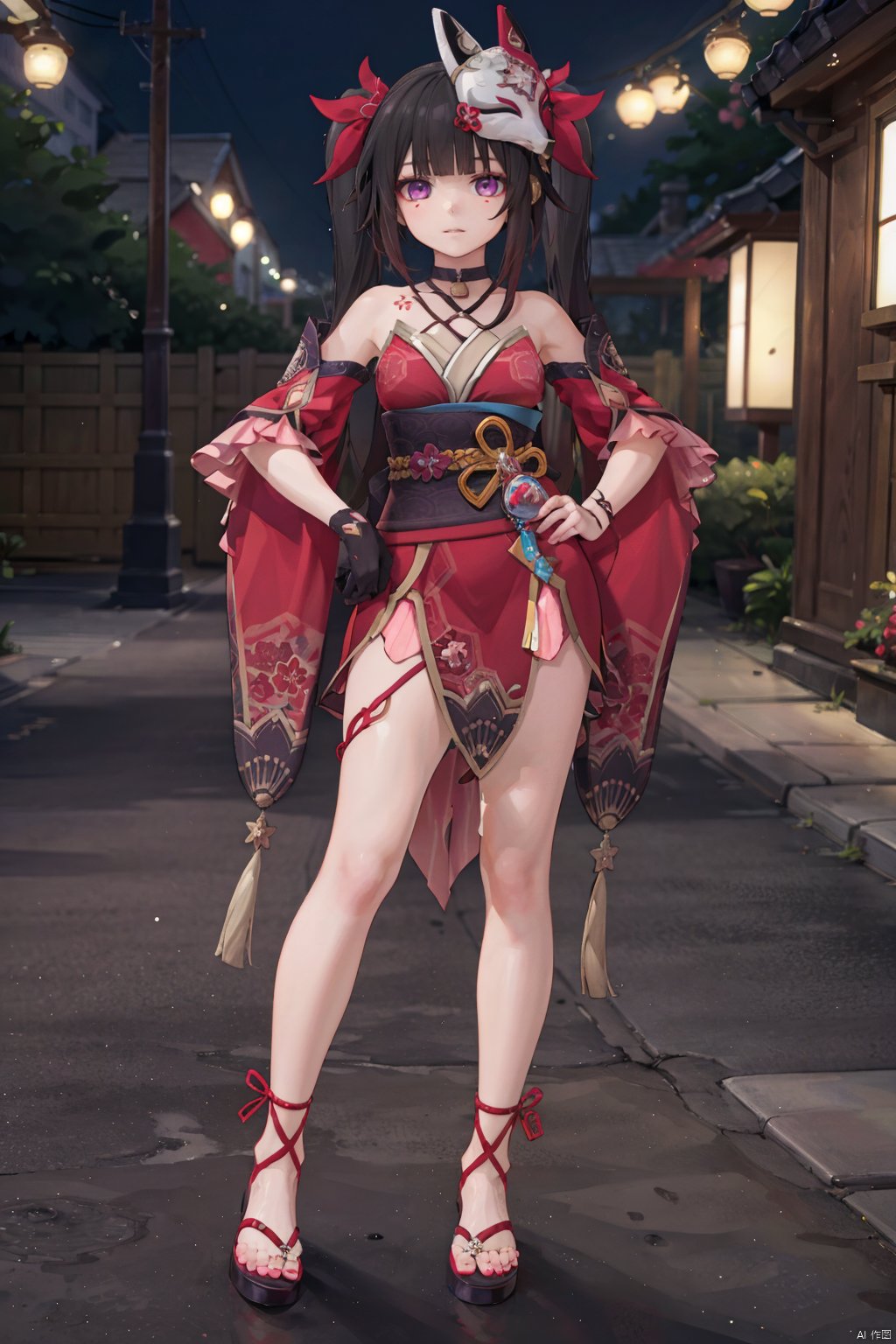  8k, best quality, masterpiece, (ultra-detailed:1.1), (high detailed skin),(full body:1.3), standing, looking at viewer, (solo:1.4), hand on hip, huahuo, 1girl, single_glove, mask on head, sash, black hair, twintails, purple eyes, obi, fox mask, single glove, japanese clothes, Cherry blossom tattoo, chest tattoo,(beautiful_face), ((intricate_detail)), clear face,((finely_detailed)), fine_fabric_emphasis,((glossy)), full_shot,
