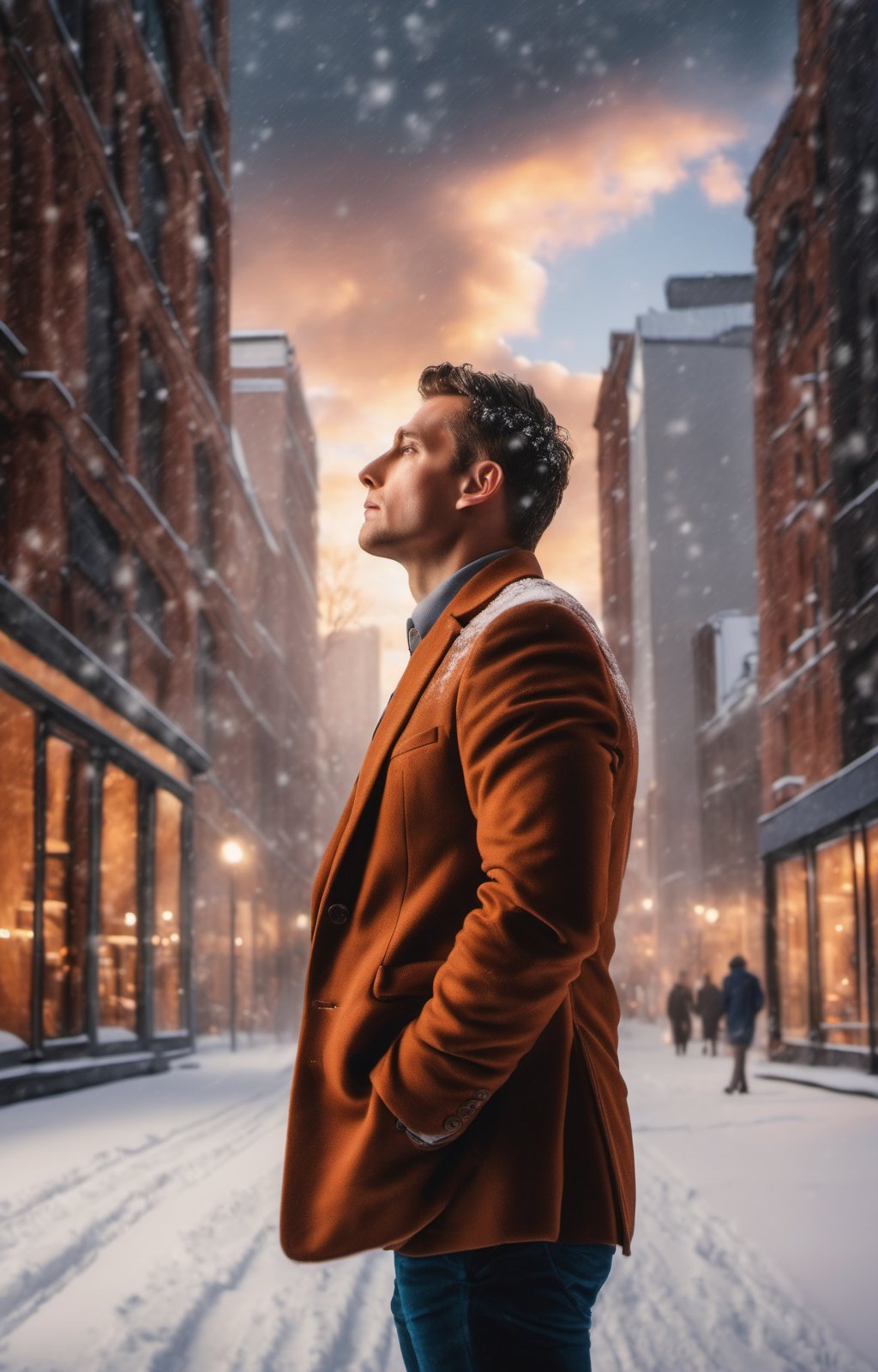 A man, wearing a blazer, in the winter, in a sad city, looking up at the sky as snow is falling